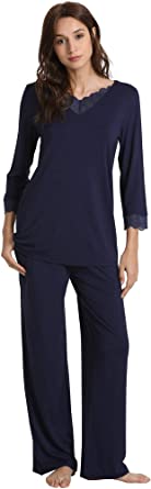WiWi Soft Bamboo Long Sleeve Sleepwear Laced V Neck Pjs Stretchy Pajama Set Top with Pants Plus Size Loungewear S-4X