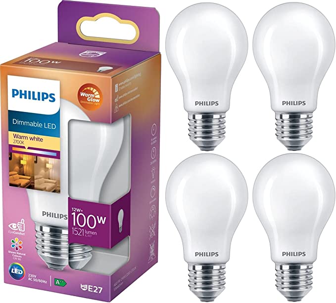 Philips GLS Frosted LED Light Bulbs, Dimmable, E27, 12W, 1521 Lumens, Warm Glow 2200 - 2700K - 4 Pack