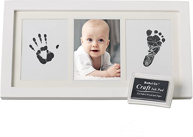 PRECIOUS BABY HANDPRINT and Footprint Frame Kit - Baby Prints Photo Keepsake in White with Non-Toxic Ink Pad - Quality Wood Frame With Safe Acrylic Glass - Great Baby Gift For Baby Registry
