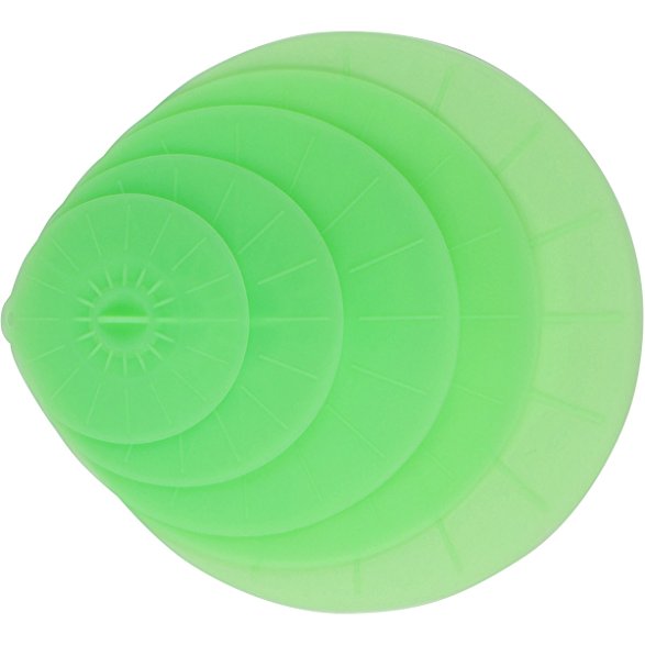 Green Silicone Lid Covers Set - 5 Reusable Flat Covers For Food, Bowls, Pans, Cups, Pots And More – Includes large almost 14” | Stretchable Suction Seals With Airtight Rims | Bonus Recipe Ebook