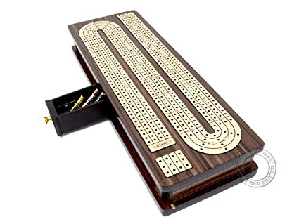 House of Cribbage - Continuous Cribbage Board Inlaid 4 Tracks Rosewood/Maple with Sliding Lids and Drawer