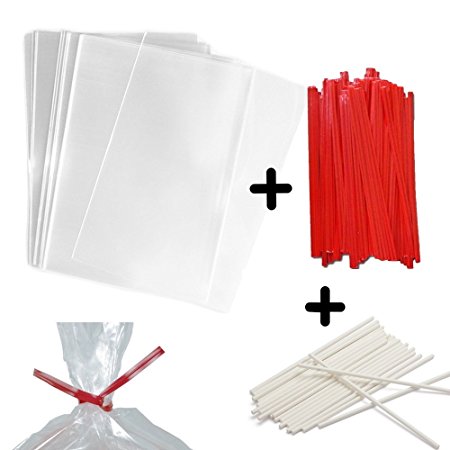 100 4x6" Clear Food Safe Favor Treat Bags, 4" Paper Red Twist Ties and 6" Paper Lollipop Sticks - 1.5mils Thick PP Plastic - Stronger Than Cello Party Bags Gift Basket Supplies (Red, 6")
