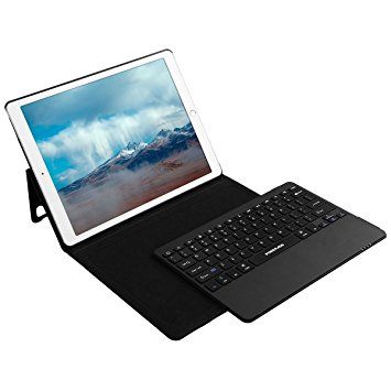 Apple iPad Pro 12.9 Keyboard Leather Case, Poweradd Bluetooth iPad Keyboard Folio Case/Cover With Removable Wireless Keyboard/Pencil Holder, Built-in Stand for 12.9 Inch iPad Pro 2015(1st) 2017(2st)