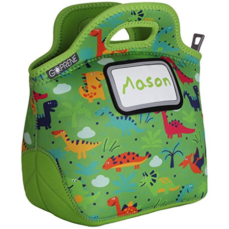 Identi Tote: Kids' Insulated Neoprene Lunch Bag with Reflective ID Card Pocket ~ Reusable, Foldable, Washable, Unisex, 11" High x 11" Wide x 6.5" Deep, GREEN DINOSAUR   3 Blank Name Cards by GOPRENE