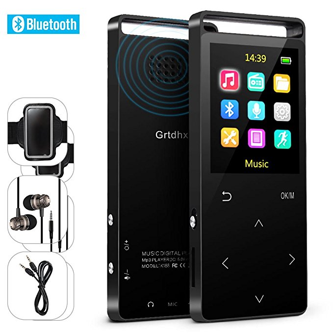 MP3 Player with Bluetooth, Grtdhx 8GB Portable Digital Music Player Support FM Radio Photo Browsing Video Play Pedometer Voice Recorder Text Reading with Earphone Armband for Sport Running