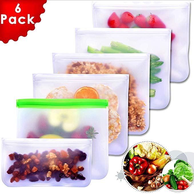 Eoglo Reusable Storage Bags (6 Pack) | To Go   Store   Freeze | Lunch Sandwiches | Kids Food | Snacks and Fruits | Travel Toiletries | EXTRA THICK | LeakProof | Resealable | BPA Free