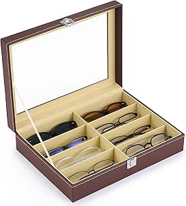 CO-Z 8 Compartment Sunglasses Organizer, Leather Eyeglasses Storage Box for Women Men, Lockable Eyewear Display Case with Drawer, Glasses Holder with 8 Slots for Watches Jewelry Collection, Brown