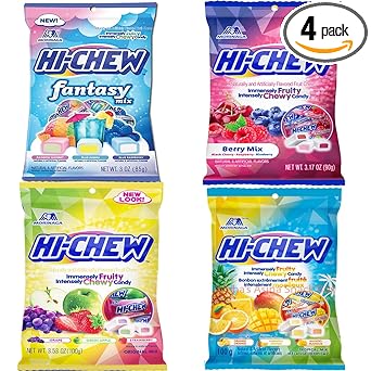 Hi Chew Candy Variety Pack - 4 Different New Assorted Flavors Fantasy Mix, Original Mix, Tropical Mix Sweet and Sour Flavor, Japanese Candy Pack of 4 (Variety 4 Pack)