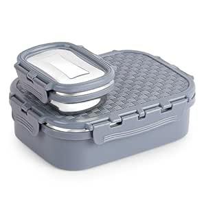 CELLO Matrix Big Lunch Box, Grey | Stainless Steel Lunch Box with Inner Separate Veg Box | Leak Proof and Break Resistant | Tiffin for Adults with Snap Lock | Ideal for Office, School, College