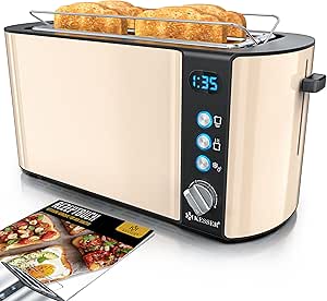 KESSER® Toaster mit Brötchenaufsatz, Automatik-Langschlitztoaster mit 6 Bräunungsstufen   Auftau- & Aufwärmefunktion, Abschaltautomatik, Liftfunktion, inkl. Krümelblech und Rezeptbuch Beige