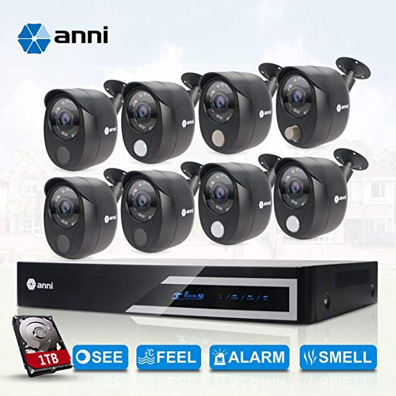 anni Security 16 Channel 1080p HD Video Security DVR with 1 TB HDD and 8 x 1080p Wired Infrared Cameras,Built-in Gas Sensor Alarm, PIR Body Detection, Siren Sounds