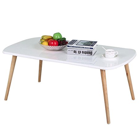 Yaheetech Modern Pine Coffee Table White Gloss Table Top Natural Wood Legs Living Room Furniture