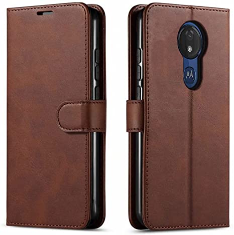 Moto G7 Power Case, Moto G7 Optimo Maxx Case, [NOT FIT Moto G7 / Play / G7 Optimo] With [Tempered Glass Screen Protector], STARSHOP- Premium Leather Wallet Pocket Cover And Credit Card Slots - Brown