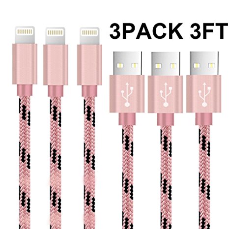 iPhone Cable,ViiVor 3Pack 3ft Nylon Braided iPhone Charger Lightning Cable Sync & Charging Cord Compatible with Apple 7/7 Plus/6s/6s Plus/6/6 Plus/5s/5c/5/SE, iPad/iPod (3ft Rose Gold )