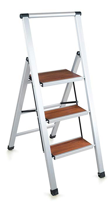 perilla Aluminum 3 Step Ladder, Large and Non-Slip Form-Based Steps, Foldable, Light and Easy to Carry, Compatible Wood Coating