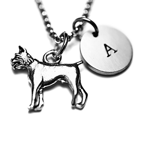 Antique Silver Plated Pewter Boxer Necklace, personalized with hand stamped stainless steel initial charm. Boxer Dog Necklace. Love Boxers. Dog Jewelry. Boxer dog jewelry.