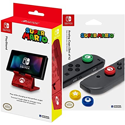 HORI Compact PlayStand - Mario Edition, Officially Licensed by Nintendo - Nintendo Switch & Nintendo Switch Super Mario Analog Caps Officially Licensed by Nintendo - Nintendo Switch