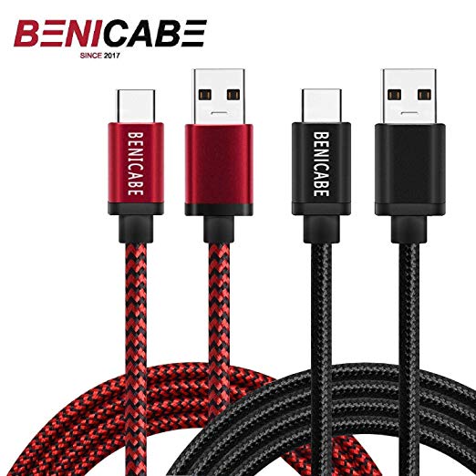Galaxy S8 Charger, Benicabe Nylon Braided Cord, USB 3.0 Type C (3 Amp) Fast Charging Cable for Samsung S9 S8 Plus Note 8, LG V20, Pixel 2, Moto Z (3ft, red&Black)