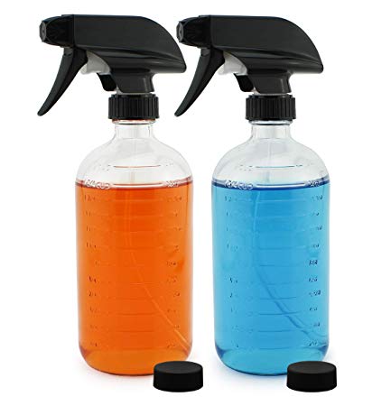 16-Ounce Clear Glass Spray Bottles with Measurements (2-Pack); Graduated Markings Sprayer Bottle with 3-Setting Heavy Duty Sprayers for Mist, Stream, OFF