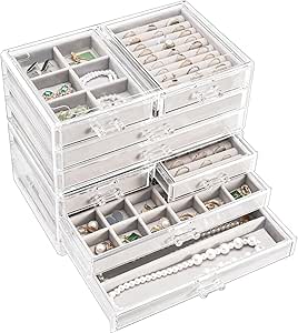 ProCase Large Acrylic Jewelry Box Earring Holder Organizer with Drawers, Clear Jewelry Storage Case with Velvet Trays for Earring Ring Necklace Bracelet, 11 x 6.3 x 9.04 Inches - Grey, 6 Layers