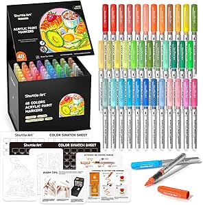 Shuttle Art Automatic Ink Control Acrylic Paint Markers, 48 Colors Brush Tip Acrylic Paint Pens for Rock Painting, Ceramic, Wood, Canvas, Glass, Stone, Fabric, Card Making, DIY & Art Supplies