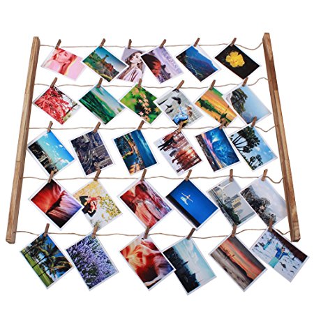 Wood Picture Photo Frame for Wall Decor 26×29 inch - With 30 Clips Ajustable Twines Artworks Prints Multi Pictures Organizer Hanging Display Frames