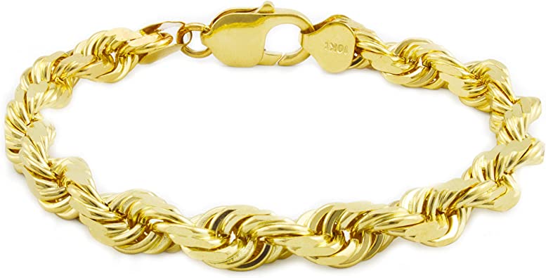 Nuragold 10k Yellow Gold 7mm Rope Chain Diamond Cut Bracelet, Mens Jewelry Lobster Clasp 8" 8.5" 9"