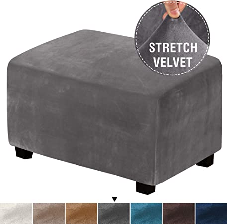 H.VERSAILTEX Real Velvet Plush 1 Piece Form Fit Stretch Rectangle Folding Storage Covers Ottoman Slipcovers Removable Footstool Protect Footrest Covers Elastic Bottom, Machine Washable(X-Large, Grey)