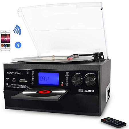 DIGITNOW! Bluetooth Viny Record Player Turntable, CD, Cassette, AM/ FM Radio and Aux in with USB Port & SD Encoding- Remote Control, Built-in stereo speaker, Stand Alone Music Player, Remote Control