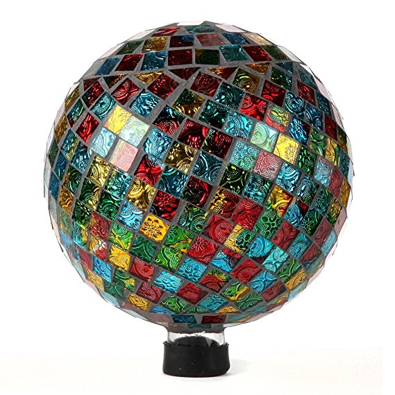 Lily's Home Glass Gazing Ball | Holographic Effect, Stunning Rainbow Color Reflection Effect, Mosaic Design, Red, Blue, Gold & Green Mirrors, Attracts Good Fortune, Lovely Centerpiece, 10” Dia.