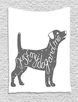 Ambesonne Dog Lover Decor Collection, Just Me and My Dog Message Quote Vintage Typographic Pet Label Art, Bedroom Living Room Dorm Wall Hanging Tapestry, Gray White