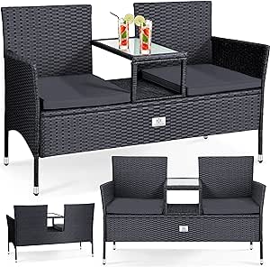 KESSER® Polyrattan Gartenbank 2-Sitzer Bank mit integriertem inkl. Tisch & Kissen - 133 × 63 × 84 cm - Rattan Sitzbank Garten Balkon Gartensofa wetterfest Sitzgruppe Ultra Stabile, Anthrazit