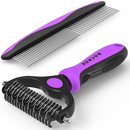 Dog Grooming Brush and Metal Comb, Undercoat Rake for Dogs Grooming Supplies Dematting Deshedding Brush for Shedding, Cat Brush Deshedder Brush Dogs Shedding Tool for Long matted Haired Pets, Purple