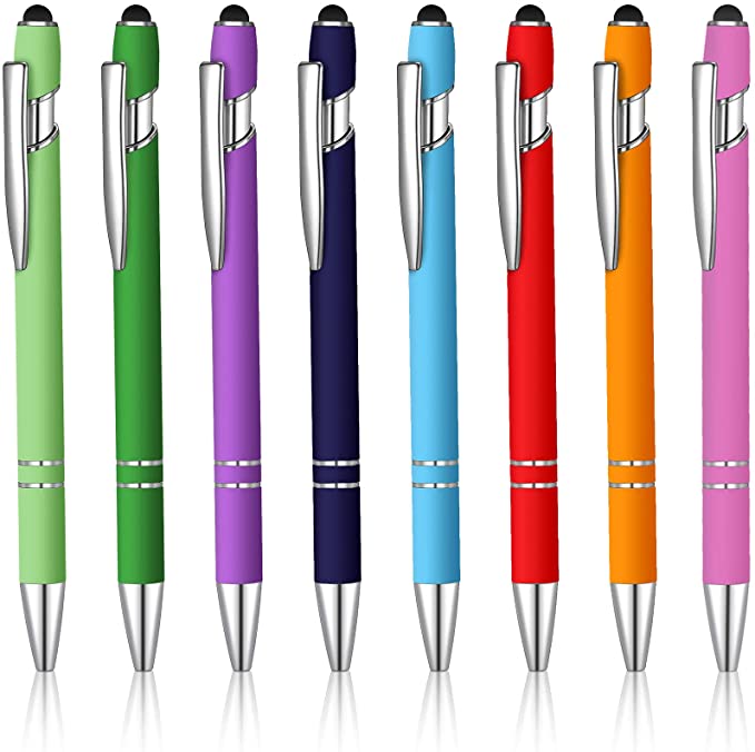 8 Pieces Ballpoint Pen with Stylus Tip Black Ink Metal Pen Stylus for Touch Screens Rainbow Rubberized Touch Ballpoint Pen Colorful for Tablets and More