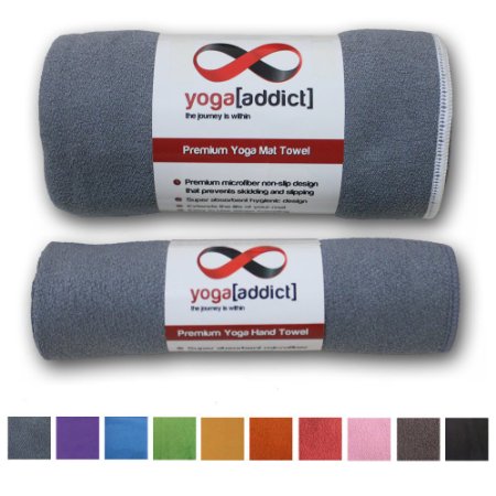 Hot Yoga Mat Towel and Hand Towel Set of 2 YogaAddict (10 Colours) - 100% Microfiber, Non Slip, Skidless, Super Absorbent, Ideal as Bikram, Ashtanga, Hot Yoga Mat Towel, For Yoga, Pilates, Meditation, Fitness, Sports, Beach
