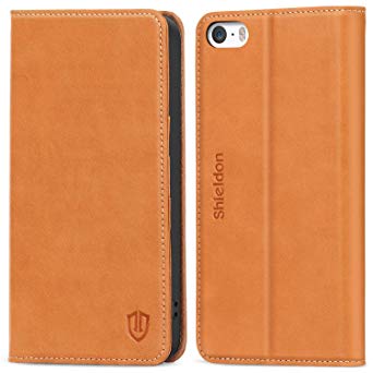 iPhone SE Case, iPhone 5S Case, SHIELDON Genuine Leather Wallet Case, Magnetic Flip Book Cover with Kickstand, Card Slots Compatible with iPhone SE 5S 5 - Cognac Brown