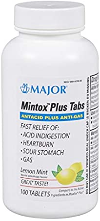 Mintox Plus Antacid Anti-Gas Generic for Maalox Plus Chewable Tablets Lemon Flavor 100 Tablets Per Bottle For For Fast Relief of Acid Indigestion Heartburn Sour Stomach Gas and Bloating
