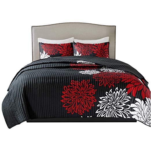 Comfort Spaces – Enya Quilt Mini Set - 3 Piece – Black and Red – Floral Printed Pattern – King Size, Includes 1 Quilt, 2 Shams