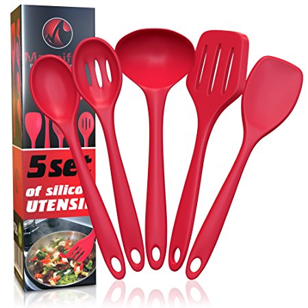 Silicone Cooking Kitchen Utensils Including Spatula Turner, Slotted Spoon, Ladle, Spoonula and Mixing Spoon Premium Set Includes Five Tools