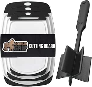 Gorilla Grip Cutting Board and Meat Chopper, Reversible Durable Kitchen Cutting Board Set of 3 Dishwasher Safe, 5 Beveled Pinwheel Blade Design to Mix and Chop, Both in Black, 2 Item Bundle