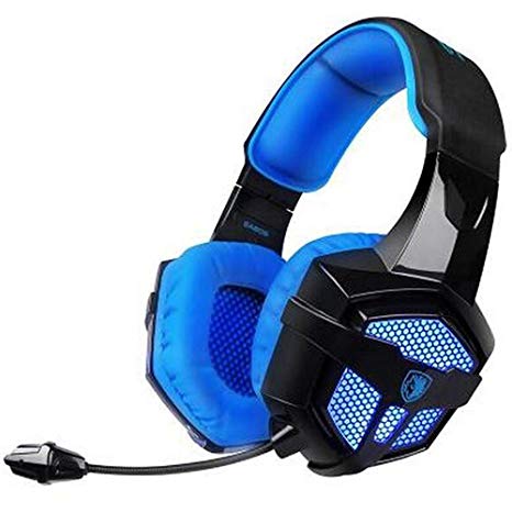 SADES Gaming Headset with Mic Volume Control LED, Yanni Sades SA806 3.5mm Wired Computer Over Ear Stereo Headphones for PC MAC Notebook Gamers Smart Phone Mobiles iPad(Black Blue)