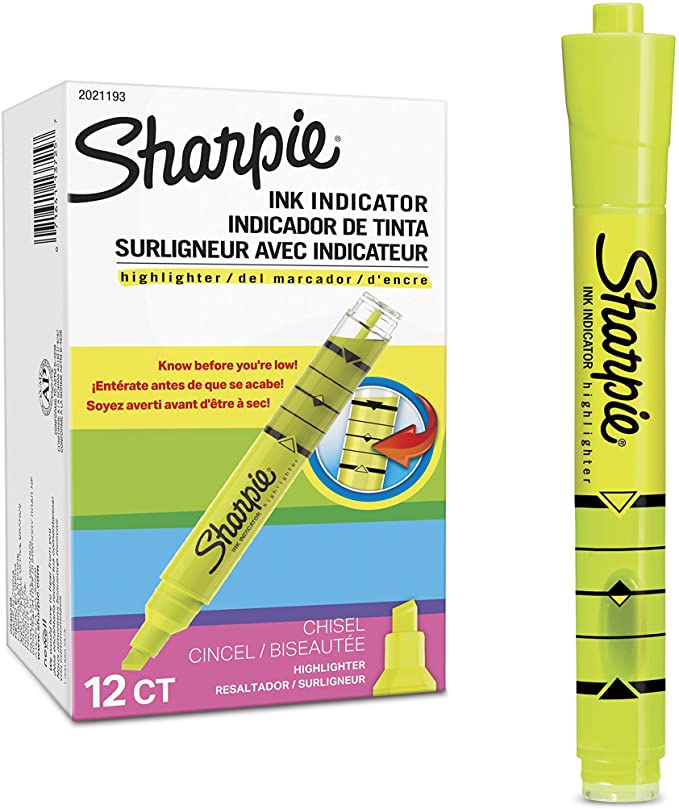 Sharpie Ink Indicator Tank Highlighters, Chisel Tip, Fluorescent Yellow, 12 Count