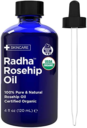 Radha Beauty USDA Certified Organic Rosehip Oil, 4 oz. - 100% Pure & Cold Pressed. All Natural Anti-Aging Moisturizing Treatment for Face, Hair, Skin & Nails, Acne Scars, Wrinkles, Dry Spots