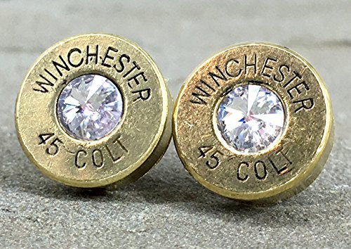 Bullet Jewelry Stud Earrings Colt 45 Brass Shell Casings Swarovski Diamond Rivoli