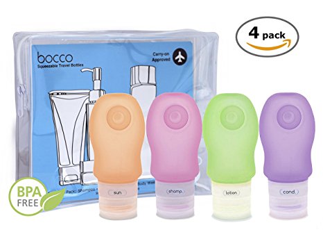Bocco Leak Proof Squeezable Travel Bottles, TSA Approved Travel Accessories for Carry On Luggage - Perfect for Liquid Toiletries - 4 Pack (All Medium 2 oz Bottles) (Orange/Pink/Green/Purple)