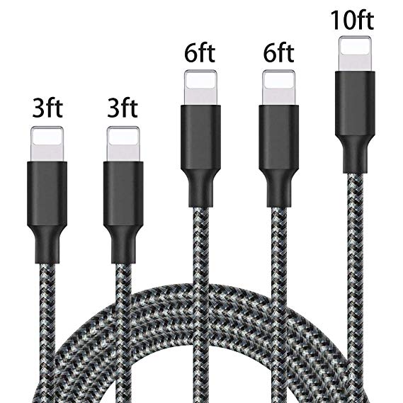 Lightning Cable, iPhone Charger Cables, 5Pack 2x3FT 2x6FT 10FT to USB Syncing Data and Nylon Braided Cord Charger for iPhone Xs Max, XR, X, 8, 7, Plus, 6, 6S, 6 Plus, 5, 5C, 5S, SE - Black