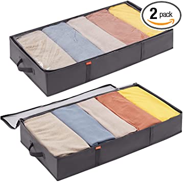 Lifewit Under Bed Storage Bag Organizer with Reinforced Handle Thick Fabric Clear Window Large Capacity Foldable Underbed Storage Container for Clothes Blankets Set of 2 Organization and Storage, Grey