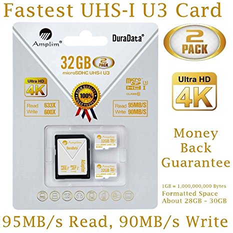 2X 32GB Micro SDHC U3 Card Plus SD Adapter Pack. Amplim Extreme Pro Class 10 UHS-I MicroSDHC 95MB/s Read, 90MB/s Write. Ultra High Speed HD UHD 4K Video. Internal/External MicroSD Flash Memory Storage