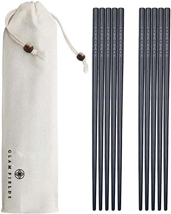 5 Pairs Fiberglass Chopsticks, GLAMFIELDS Reusable Japanese Chinese Korean Chop sticks Dishwasher Safe, Non-slip, 9 1/2 inches - Black with Multi-purpose Cotton Drawstring Bag Carrying Case