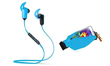 Sport Earbuds, Revjams Active PLUS Wireless Earphones Sweatproof Bluetooth Headphones Noise Cancelling Earbud Headset w/ Universal Workout, Gym, Hiking, Exercise Running Belt [Fitness Bundle] - Blue